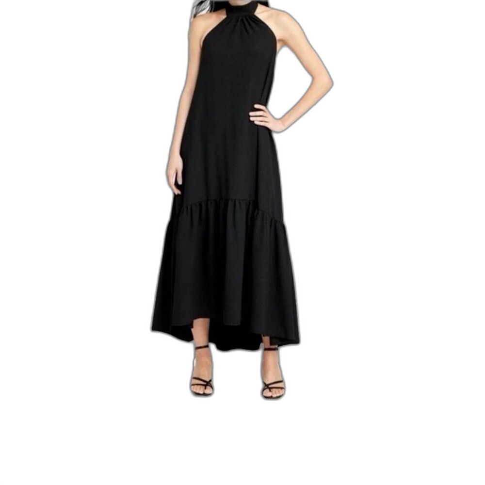 black halter maxi dress women's m sleeveless tiered resort vacation flowy - Picture 2 of 10